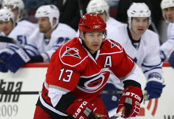 RALEIGH, NC - NOVEMBER 19:  Ray Whitney #13 of the Carolina Hurricanes skates against the Toronto Maple Leafs at the RBC Center on November 19, 2009 in Raleigh, North Carolina.  (Photo by Bruce Bennett/Getty Images)