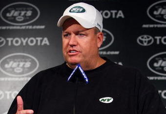 FLORHAM PARK, NJ - MAY 02:  Head coach Rex Ryan of the New York Jets speaks to the media during minicamp on May 2, 2009 at the Atlantic Health Jets Training Center in Florham Park, New Jersey.  (Photo by Jim McIsaac/Getty Images)