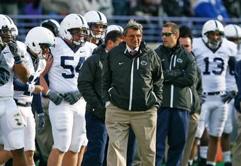 EVANSTON, IL - OCTOBER 31: Head coach Joe Paterno of the Penn State Nittany Lions walks the sidelines as his team takes on the Northwestern Wildcats at Ryan Field on October 31, 2009 in Evanston, Illinois. Penn State defeated Northwestern 34-13. (Photo by Jonathan Daniel/Getty Images)