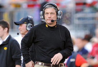 COLUMBUS, OH - NOVEMBER 14:  Head coach Kirk Ferentz of the Iowa Hawkeyes walks the sidelines during a game against the Ohio State Buckeyes at Ohio Stadium on November 14, 2009 in Columbus, Ohio.  (Photo by Jamie Sabau/Getty Images)