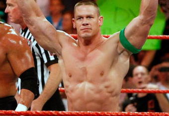 LAS VEGAS - AUGUST 24:  Wrestler John Cena appears in the ring during the WWE Monday Night Raw show at the Thomas & Mack Center August 24, 2009 in Las Vegas, Nevada.  (Photo by Ethan Miller/Getty Images)