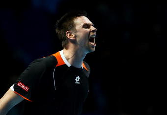 LONDON, ENGLAND - NOVEMBER 23:  Robin Soderling of Sweden celebrates the match during the men's singles first round match against Rafael Nadal of Spain during the Barclays ATP World Tour Finals at the O2 Arena on November 23, 2009 in London, England.  (Photo by Julian Finney/Getty Images)