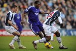 WEST BROMWICH, UNITED KINGDOM - FEBRUARY 07:  Shola Ameobi of Newcastle battles with Paul Robinson and Abdoulaye Meite of West Brom during the Barclays Premier League match between West Bromwich Albion and Newcastle United at The Hawthorns on February 7, 2009 in West Bromwich, England.  (Photo by Christopher Lee/Getty Images)