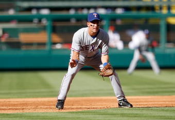 ANAHEIM, CA - OCTOBER 01:  Omar Vizquel #13 of the Texas Rangers gets set against the Los Angeles Angels of Anaheim at Angel Stadium on October 1, 2009 in Anaheim, California. The Rangers defeated the Angels 11-3.  (Photo by Jeff Gross/Getty Images)