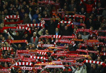 LIVERPOOL, ENGLAND - NOVEMBER 21:  Liverpool fans show their support prior to the Barclays Premier League match between Liverpool and Manchester City at Anfield on November 21, 2009 in Liverpool, England. (Photo by Alex Livesey/Getty Images)