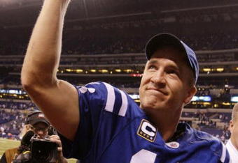 INDIANAPOLIS - NOVEMBER 15: Quarterback Peyton Manning #18 of the Indianapolis Colts celebrates his teams 35-34 victory over the New England Patriots after the game at Lucas Oil Stadium on November 15, 2009 in Indianapolis, Indiana.  (Photo by Andy Lyons/Getty Images)