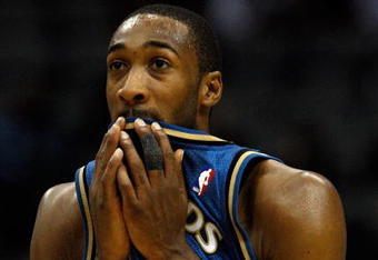 DALLAS - OCTOBER 27:  Gilbert Arenas #0 of the Washington Wizards on October 27, 2009 at American Airlines Center in Dallas, Texas.  NOTE TO USER: User expressly acknowledges and agrees that, by downloading and/or using this Photograph, user is consenting to the terms and conditions of the Getty Images License Agreement.  (Photo by Ronald Martinez/Getty Images)