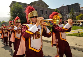 UNIVERSAL CITY, CA - JUNE 18:  The USC marching band performs at celebration of the re-opening of Courthouse Square at Universal Studios Hollywood on June 18, 2009 in Universal City, California. Courthouse Square has been fully restored following a four acre backlot fire in June 2008. The Square has been featured in movies such as 'Back to the Future,' 'Gremlins,' and 'Bye Bye Birdie.'  (Photo by Charley Gallay/Getty Images)