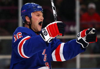 NEW YORK - MARCH 30:  Sean Avery #16 of the New York Rangers celebrates against the New Jersey Devils during the game on March 30, 2009 at Madison Square Garden in New York City.  (Photo by Chris McGrath/Getty Images)
