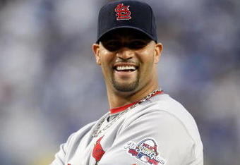 LOS ANGELES, CA - OCTOBER 07:  Albert Pujols #5 of the St. Louis Cardinals smiles during pregame introductions before taking on the Los Angeles Dodgers in Game One of the NLDS during the 2009 MLB Playoffs at Dodger Stadium on October 7, 2009 in Los Angeles, California.  (Photo by Jeff Gross/Getty Images)