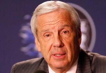DETROIT - APRIL 06:  Head coach Roy Williams of the North Carolina Tar Heels answers questions during the post game news conference after the Tar Heels 89-72 win against the Michigan State Spartans during the 2009 NCAA Division I Men's Basketball National Championship game at Ford Field on April 6, 2009 in Detroit, Michigan.  (Photo by Streeter Lecka/Getty Images)
