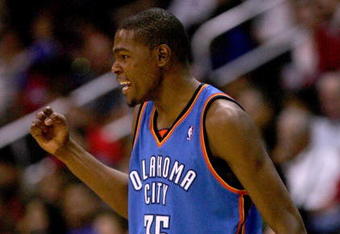 LOS ANGELES, CA - NOVEMBER 11:  Kevin Durant #35 of  the Oklahoma City Thunder celebrates during the game against the Los Angeles Clippers on November 11, 2009 at Staples Center in Los Angeles, California.   The Thunder won 83-79.   NOTE TO USER: User expressly acknowledges and agrees that, by downloading and/or using this Photograph, user is consenting to the terms and conditions of the Getty Images License Agreement.  (Photo by Stephen Dunn/Getty Images)