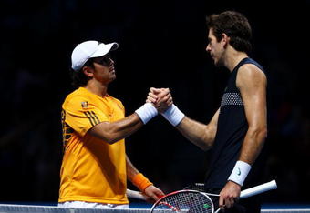 LONDON, ENGLAND - NOVEMBER 24:  Juan Martin Del Potro of Argentina greets Fernando Verdasco of Spain after the men's singles second round match during the Barclays ATP World Tour Finals at the O2 Arena on November 24, 2009 in London, England.  (Photo by Julian Finney/Getty Images)