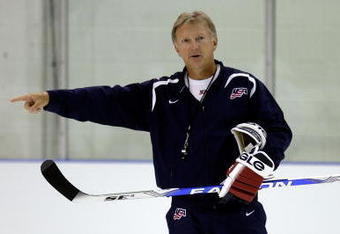 WOODRIDGE, IL - AUGUST 17:  Head coach Ron Wilson runs drills during the USA Olympic Men's Ice Hockey Orientation Camp on August 17, 2009 at Seven Bridges Ice Arena in Woodridge, Illinois.  (Photo by Jamie Squire/Getty Images)