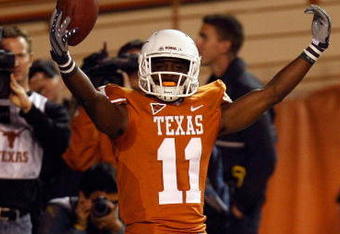 AUSTIN, TX - NOVEMBER 21:  Wide receiver James Kirkendoll #11 of the Texas Longhorns celebrates a touchdown against the Kansas Jayhawks at Darrell K Royal-Texas Memorial Stadium on November 21, 2009 in Austin, Texas.  (Photo by Ronald Martinez/Getty Images)