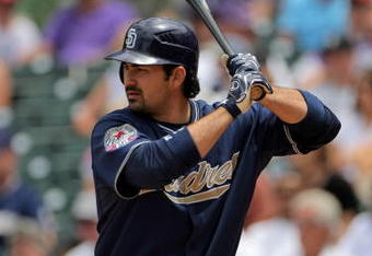 DENVER - MAY 31:  Adrian Gonzalez #23 of the San Diego Padres takes an at bat against the Colorado Rockies during MLB action at Coors Field on May 31, 2009 in Denver, Colorado. The Padres defeated the Rockies 5-2.  (Photo by Doug Pensinger/Getty Images)