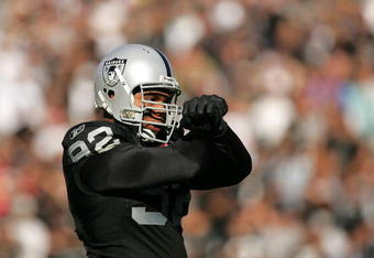 OAKLAND, CA - NOVEMBER 15:  Richard Seymour #92 of the Oakland Raiders celebrates after making a tackle against the Kansas City Chiefs at Oakland-Alameda County Coliseum on November 15, 2009 in Oakland, California.  (Photo by Ezra Shaw/Getty Images)