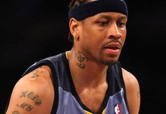 LOS ANGELES, CA - NOVEMBER 06:  Allen Iverson #3 of the Memphis Grizzlies on the court against the Los Angeles Lakers on November 6, 2009 at Staples Center in Los Angeles, California. The Lakers won 114-98. NOTE TO USER: User expressly acknowledges and agrees that, by downloading and/or using this Photograph, user is consenting to the terms and conditions of the Getty Images License Agreement.  (Photo by Stephen Dunn/Getty Images)