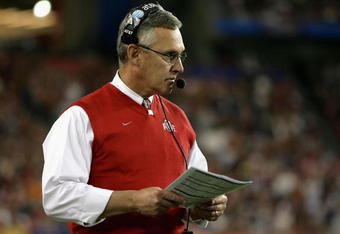 GLENDALE, AZ - JANUARY 05:  Head coach Jim Tressel of the Ohio State Buckeyes looks on during the Tostitos Fiesta Bowl Game against the Texas Longhorns on January 5, 2009 at University of Phoenix Stadium in Glendale, Arizona.  (Photo by Doug Pensinger/Getty Images)