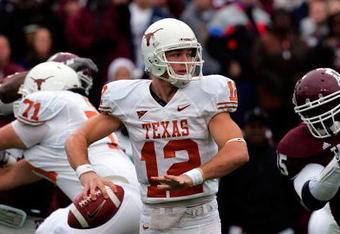 COLLEGE STATION, TX - NOVEMBER 23:  Quarterback Colt McCoy #12 of the Texas Longhorns drops back to pass against the Texas A&M Aggies in the first quarter at Kyle Field on November 23, 2007 in College Station, Texas.  (Photo by Ronald Martinez/Getty Images)