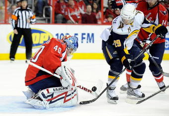 WASHINGTON - NOVEMBER 25:  Semyon Varlamov #40 of the Washington Capitals makes a save against Jason Pominville #29 of the Buffalo Sabres at the Verizon Center on November 25, 2009 in Washington, DC.  (Photo by Greg Fiume/Getty Images)