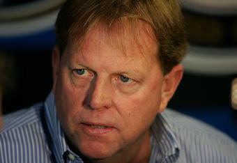 MILWAUKEE - JUNE 4: General Manager Jim Hendry of the Chicago Cubs talks with reporters before a game against the Milwaukee Brewers at Miller Park June 4, 2007 in Milwaukee, Wisconsin. (Photo by Jonathan Daniel/Getty Images)
