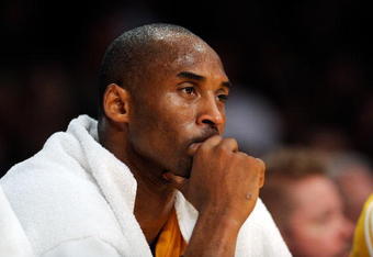 LOS ANGELES, CA - OCTOBER 30:  Kobe Bryant #24 of the Los Angeles Lakers after he was were taken out of the game against Dallas Mavericks during the second quarter of the NBA basketball game at Staples Center on October 30, 2009 in Los Angeles, California.  NOTE TO USER: User expressly acknowledges and agrees that, by downloading and/or using this Photograph, user is consenting to the terms and conditions of the Getty Images License Agreement.  (Photo by Kevork Djansezian/Getty Images)
