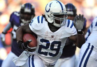 BALTIMORE - NOVEMBER 22:  Joseph Addai #29 of the Indianapolis Colts runs the ball against the Baltimore Ravens at M&T Bank Stadium on November 22, 2009 in Baltimore, Maryland. The Colts defeated the Ravens 17-15. (Photo by Larry French/Getty Images)