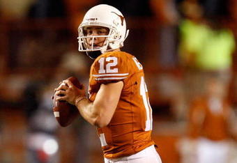 AUSTIN, TX - NOVEMBER 21:  Quarterback Colt McCoy #12 of the Texas Longhorns looks to pass against the Kansas Jayhawks at Darrell K Royal-Texas Memorial Stadium on November 21, 2009 in Austin, Texas.  (Photo by Ronald Martinez/Getty Images)