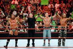 LAS VEGAS - AUGUST 24:  (L-R) Wrestler Triple H, World Wrestling Entertainment Inc. Chairman Vince McMahon, and wrestlers John Cena and Shawn Michaels pose in the ring during the WWE Monday Night Raw show at the Thomas & Mack Center August 24, 2009 in Las Vegas, Nevada.  (Photo by Ethan Miller/Getty Images)