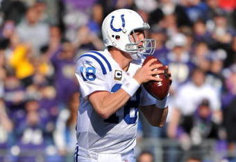 BALTIMORE - NOVEMBER 22:  Peyton Manning #18 of the Indianapolis Colts drops back in the pocket to make a pass play during the game against the Baltimore Ravens at M&T Bank Stadium on November 22, 2009 in Baltimore, Maryland. The Colts defeated the Ravens 17-15. (Photo by Larry French/Getty Images)