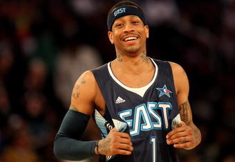 PHOENIX - FEBRUARY 15:  Allen Iverson #1 of the Eastern Conference smiles during the 58th NBA All-Star Game, part of 2009 NBA All-Star Weekend at US Airways Center on February 15, 2009 in Phoenix, Arizona.  NOTE TO USER: User expressly acknowledges and agrees that, by downloading and or using this photograph, User is consenting to the terms and conditions of the Getty Images License Agreement.  (Photo by Ronald Martinez/Getty Images)