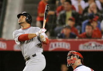 ANAHEIM, CA - OCTOBER 09:  Alex Gonzalez #2 of the Boston Red Sox flys out in the third inning of Game Two of the ALDS against the Los Angeles Angels of Anaheim during the 2009 MLB Playoffs at Angel Stadium on October 9, 2009 in Anaheim, California.  (Photo by Lisa Blumenfeld/Getty Images)