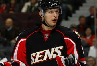 OTTAWA - MARCH 11:  Jason Spezza #19 of the Ottawa Senators reacts to what he thinks is a bad penalty call in a game against the Tampa Bay Lightning on March 11, 2009 at the Scotiabank Place in Ottawa, Ontario, Canada. (Photo by Phillip MacCallum/Getty Images)