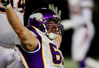 GREEN BAY, WI - NOVEMBER 01: Jared Allen #69 of the Minnesota Vikings celebrates after sacking quarterback Aaron Rodgers #12 of the Green Bay Packers during the third quarter of the game at Lambeau Field on November 1, 2009 in Green Bay, Wisconsin. (Photo by Scott Boehm/Getty Images)