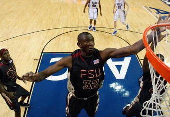 ATLANTA - MARCH 15:  Solomon Alabi #32 of the Florida State Seminoles jumps for the ball against the Duke Blue Devils during the championship game of the 2009 ACC Men's Basketball Tournament on March 15, 2009 at the Georgia Dome in Atlanta, Georgia.  (Photo by Kevin C. Cox/Getty Images)