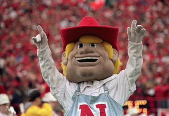LINCOLN,NE - OCTOBER 31:  A view of the cornhusker mascot as he cheers during the game between the Texas Longhorns and The Nebraske Cornhuskers on October 31,1998 at Memorial Stadium in Lincoln, Nebraska. Texas won 20-16. (Photo by: Brian Bahr/Getty Images)