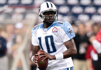 HOUSTON - NOVEMBER 23:  Quarterback Vince Young #10 of the Tennessee Titans warms up prior to a game against the Houston Texans at Reliant Stadium on November 23, 2009 in Houston, Texas.  (Photo by Bob Levey/Getty Images)