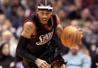 EAST RUTHERFORD, NJ - DECEMBER 10:  Allen Iverson #3 of the Philadelphia 76ers runs upcourt against the New Jersey Nets during their game at Continental Airlines Arena on December 10, 2005 in East Rutherford, New Jersey.The Sixers defeated the Nets 107-95. NOTE TO USER: User expressly acknowledges and agrees that, by downloading and or using this photograph, User is consenting to the terms and conditions of the Getty Images License Agreement.  (Photo by Jim McIsaac/Getty Images)             
