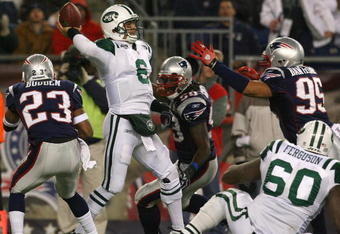 FOXBORO, MA - NOVEMBER 22:  Mark Sanchez #6 of the New York Jets feels the pressure of defense of the New England Patriots at Gillette Stadium on November 22, 2009 in Foxboro, Massachusetts. (Photo by Jim Rogash/Getty Images)
