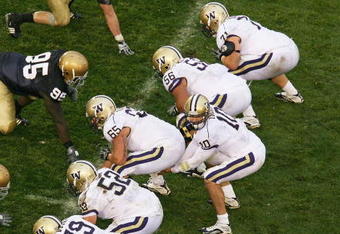 SOUTH BEND, IN - OCTOBER 03: Jake Locker #10 of the Washington Huskies call a play at the line of scrimmage against the Notre Dame Fighting Irish defense on October 3, 2009 at Notre Dame Stadium in South Bend, Indiana. Notre Dame defeated Washington 37-30 in overtime. (Photo by Jonathan Daniel/Getty Images)