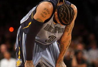 LOS ANGELES, CA - NOVEMBER 06:  Allen Iverson #3 of the Memphis Grizzlies on the court against the Los Angeles Lakers on November 6, 2009 at Staples Center in Los Angeles, California. The Lakers won 114-98. NOTE TO USER: User expressly acknowledges and agrees that, by downloading and/or using this Photograph, user is consenting to the terms and conditions of the Getty Images License Agreement.  (Photo by Stephen Dunn/Getty Images)