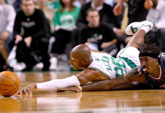 BOSTON, MA - OCTOBER 28: Ray Allen #20 of the Boston Celtics fights for a loose ball with Gerald Wallace #3 of the Charlotte Bobcats at the TD Banknorth Garden on October 28, 2009 in Boston, Massachusetts. NOTE TO USER: User expressly acknowledges and agrees that, by downloading and/or using this Photograph, user is consenting to the terms and conditions of the Getty Images License Agreement. (Photo by Jim Rogash/Getty Images)