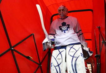 RALEIGH, NC - NOVEMBER 19: Jonas Gustavsson #50 of the Toronto Maple Leafs skates out for warmups prior to his game against the Carolina Hurricanes at the RBC Center on November 19, 2009 in Raleigh, North Carolina.  (Photo by Bruce Bennett/Getty Images)