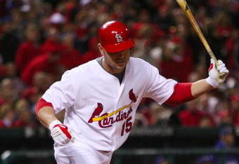 ST. LOUIS, MO - OCTOBER 10:  Matt Holliday #15 of the St. Louis Cardinals reacts to hitting the third out in the eighth inning against the Los Angeles Dodgers in Game Three of the NLDS during the 2009 MLB Playoffs at Busch Stadium on October 10, 2009 in St. Louis, Missouri. (Photo by Dilip Vishwanat/Getty Images)