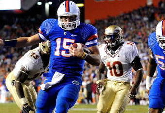GAINESVILLE, FL - NOVEMBER 28:  Tim Tebow #15 of the Florida Gators runs for a touchdown during the game against the Florida State Seminoles at Ben Hill Griffin Stadium on November 28, 2009 in Gainesville, Florida.  (Photo by Sam Greenwood/Getty Images)
