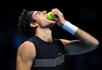 LONDON, ENGLAND - NOVEMBER 28:  Juan Martin Del Potro of Argentina celebrates winning the match during the men's singles semi final match against Robin Soderling of Swedenduring the Barclays ATP World Tour Finals at the O2 Arena on November 28, 2009 in London, England.  (Photo by Christopher Lee/Getty Images for Barclays ATP Finals)
