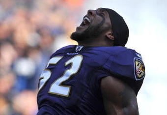 BALTIMORE - NOVEMBER 22:  Ray Lewis #52 of the Baltimore Ravens is introduced before the game against the Indianapolis Colts at M&T Bank Stadium on November 22, 2009 in Baltimore, Maryland. The Colts defeated the Ravens 17-15. (Photo by Larry French/Getty Images)