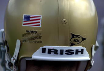 22 Sep 2001: An American flag adorns the helmuts of Notre Dame players when Notre Dame takes on Michigan State at South Bend, Indiana. DIGITAL IMAGE  Mandatory Credit: Jonathan Daniel/ALLSPORT