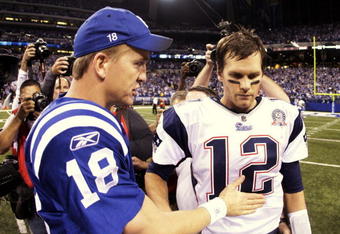 INDIANAPOLIS - NOVEMBER 15:  Quarterback Peyton Manning #18 of the Indianapolis Colts greets Tom Brady #12 of the New England Patriots after the game at Lucas Oil Stadium on November 15, 2009 in Indianapolis, Indiana.  The Colts won the game 35-34. (Photo by Jamie Squire/Getty Images)